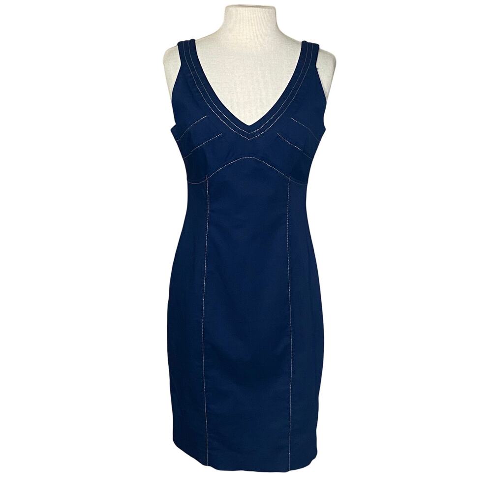 Rocco Barocco blue sheath dress gold stitch detail 10